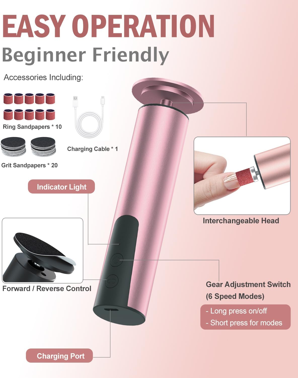 Electric Foot Callus Remover & Nail Drill - 2 in 1 Rechargeable Foot File Grinder Nail Polish Remover - 6 Speed Pedicure Tool Dead Skin Remover for Dry Cracked Feet - Grater Buffer for Feet for Women