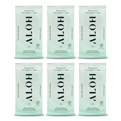 ALŌH Peppermint Eucalyptus Sanitizing Hand Wipes - Clean Hands, Clear Mind On The Go Sanitizer for Kids and Adults - Travel Size 6 packs of 20ct Wipes (120 Wipes)