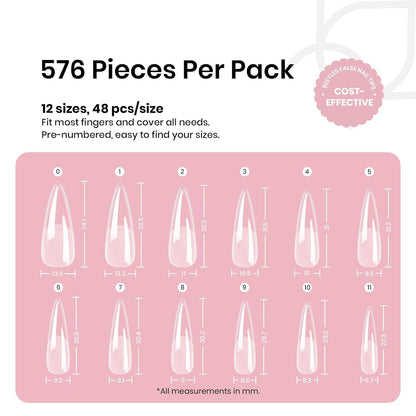 Beetles Gel Nail Tips Etch-X, Stiletto Medium, 576Pcs 12 Sizes, Pre-Etched Half Matte Full Cover Soft Acrylic Fall Halloween False Nail Tips Easy DIY Press On Nail Extensions Salon Gift for Women