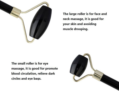 mookaitedecor Obsidian Roller & Rose Quartz Gua Sha Scraping Massage Tool Set, Face Massager for Wrinkles, Anti Aging
