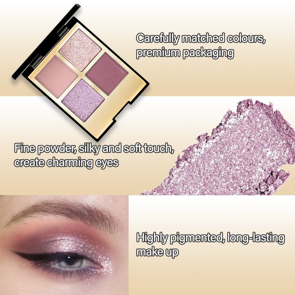 4 Colors Eyeshadow Makeup Palette,Nude Pink Purple Natural Neutral Nude Eye Shadow Palette with Mirror,Long Lasting Naturing-Looking,Waterproof,Travel Size