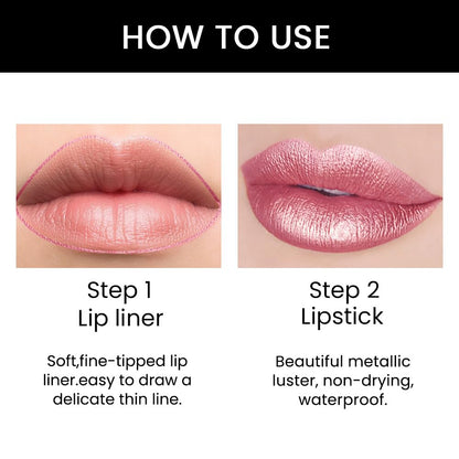 Kaely 2-in-1 Light Pink Pale-Pink Metallic Shine Shimmer Lip Liner & Lipstick Combo Set Kit for Women, Lightweight Hydrating Formula High Impact Full Coverage Lipstick and Lip Liner Makeup Gloss 16