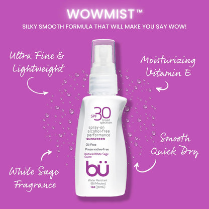 BU SPF 30 Sunscreen Spray for Face and Body, Non Aerosol Spray, TSA Travel Size Sunblock, Clear, Non Greasy, Water Resistant, White Sage 1 oz