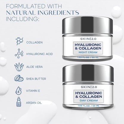 Hyaluronic Acid & Collagen Day & Night Face Moisturizer - Dermatologist Tested, Hydrating, Anti-Aging, Clean Beauty, Cruelty-Free, Korean Skincare for All Skin Types - 1.69 Fl oz (2-Pack)