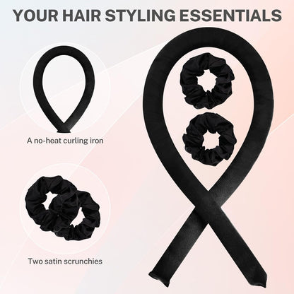 Satin Heatless Hair Curler Set: Achieve Overnight Heatless Curls for Long and Short Hair! Rollers with 2 Hair Scrunchies, Sleep - Friendly Damage - Free Curlers for Soft Natural Waves (Black)