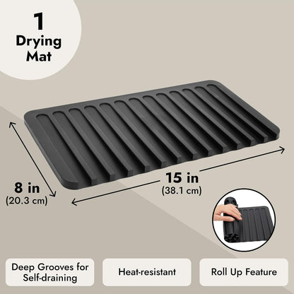 Talented Kitchen Self-Draining Silicone Dish Drying Mat - Sloped Silicone Countertop Drain Mat & Dish Drying Pad for Kitchen Counter - 15 x 8 in Black