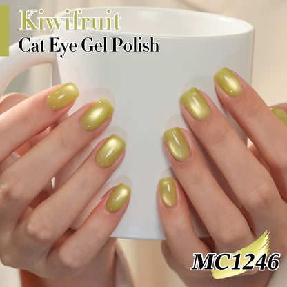 Double Rhythm 15ML Ice Glass Cat Eye Gel Polish with Magnet Holographic Glitter Shimmer Translucent Sheer Color Salon Soak Off Magnetic Nail at Home (Green Gold-MC1246)