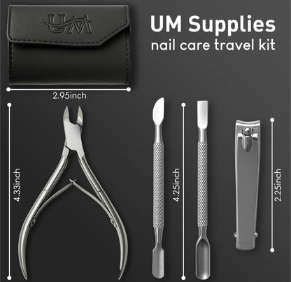 UM Supplies 4 Pieces Travel Set + Storage Pouch | Cuticle Nipper with 2 Pushers and Nail Cutter Stainless Steel | Manicure Pedicure Tool for Nail Care Jaw 14 (5mm) Double Spring
