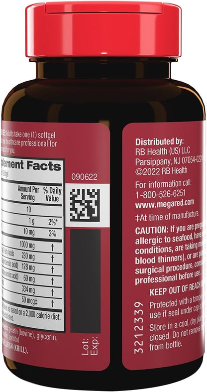 MegaRed Ultra Strength 1000mg Omega-3 Krill Oil Supplement with EPA/DHA, Astaxanthin & Phospholipids, No Fish Oil Aftertaste Supports Heart, Brain, Joint and Eye Health, 60 Count Softgels.