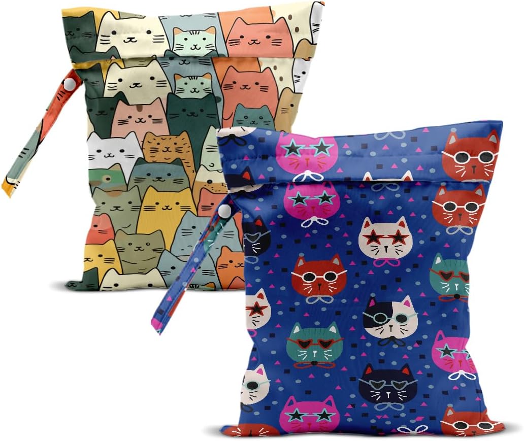 2Pcs Cat Wet Bag 12x10 Inch, Funny Cats Waterproof Reusable Wet Dry Bag, Washable Travel Laundry Bags for Swimsuit Pool Travel Beach Diapers Dirty Yoga Gym Clothes, Cat Gifts for Women Friend Family