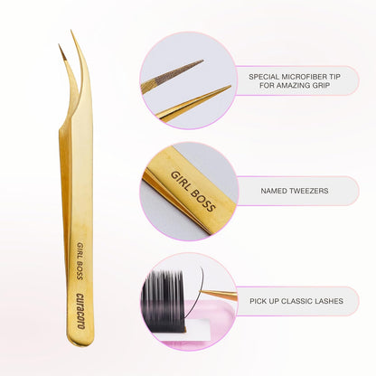 Curacoro Lash Tweezer - Professional & Precision Fiber Tip Grip Lash Tweezers for Eyelash Extensions, Multi Shapes & Purposes Tweezers for Volume, Isolation & Classic Lashes (Gold, Girl Boss)