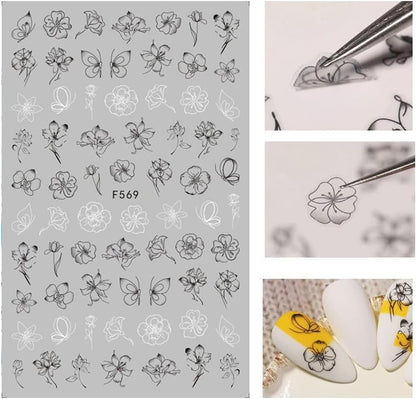 10 Sheets Black White Leaves Flower Nail Art Stickers 3D Self-Adhesive Retro Floral Vine Pattern Nail Decals Tropical Plants Mandala Leaf Geometry Transfer Decals Nail Art Decorations for Women Girls