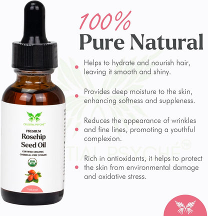 USDA Certified Organic Rosehip Seed Oil (1 Oz) 100% Pure Natural, Chemical-Free, Hair Moisturizer, Skin Hydration, Natural Beauty, Anti-Aging, Wrinkles Reduction, Antioxidants
