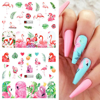 12 Sheet Flamingo Nail Art Stickers Cute Flamingo Green Leaf Design Water Transfer Nail Decals Summer Nail Art Decorations Waterproof Acrylic Nail Stickers for Women DIY Manicure Tips