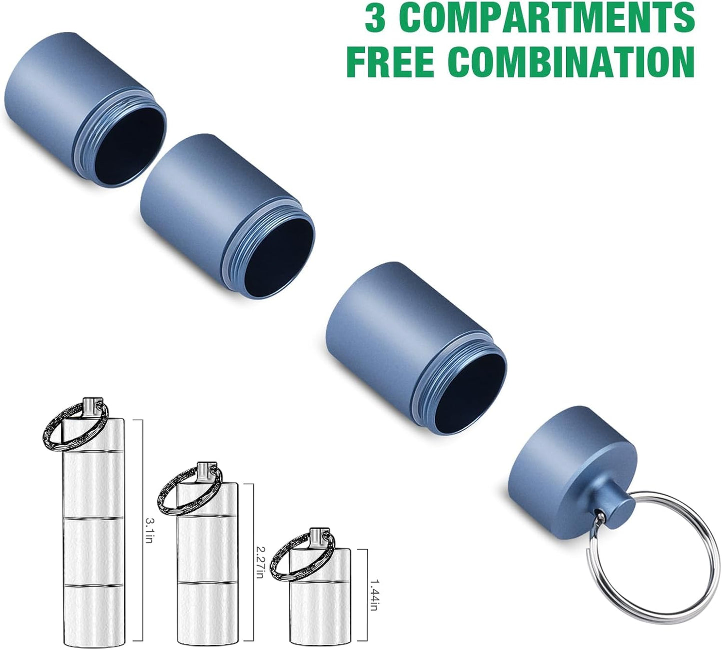 Opret Keychain Pill Holder, 3 Compartments Metal Small Pill Case, Waterproof Portable Travel Pill Box, Pill Container for Purse (Blue)