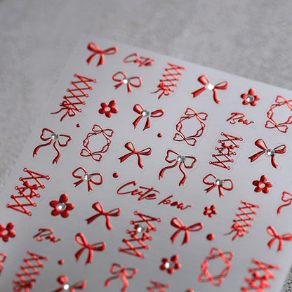5D Embossed Red Bows Nail Stickers, Nail Art Sticker with Crystal Rhinestones Self-Adhesive Nail Decals for Women Nail Supplies Art Design Stickers (1, Red)