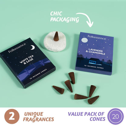 Folkulture Incense Cones Scented | Set of 2 Inscents-Cones (20 Cones) | Lavender, White Tea, Sage & Chamomile | Variety Pack Insence Cone for Relaxation and Meditation