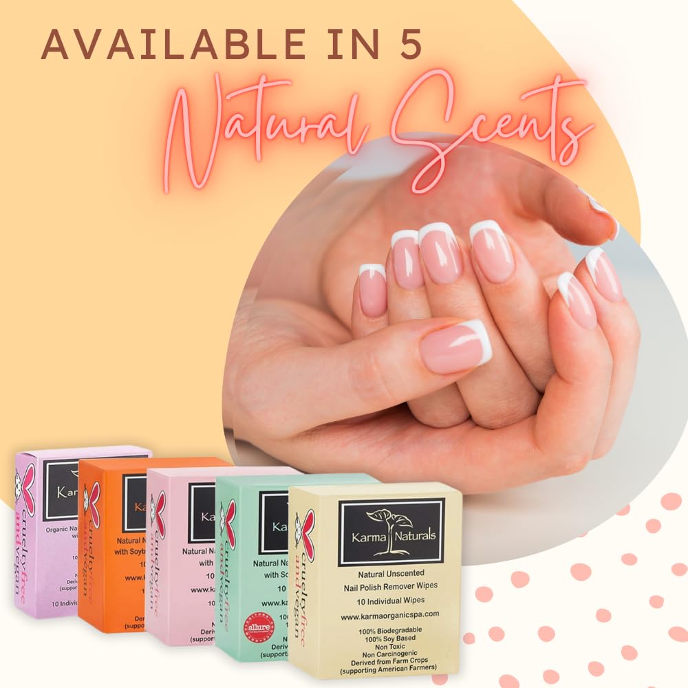 Karma Organic Natural Nail Polish Remover Wipes with Soybean and Orange Blossom Oil, 100% Soy Based, Non-Toxic, Vegan, Cruelty-Free – Pack of 10
