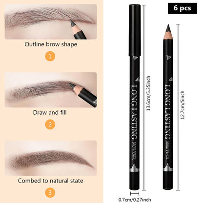 6Pcs Eyebrow Pencils for Women, Wooden Hard-Core Black Eyebrow and Eyeliner Pencil, Long Lasting Waterproof and Sweat-Proof, Beginner Makeup Brow Pencil, Create a Natural Eye Brow Makeup