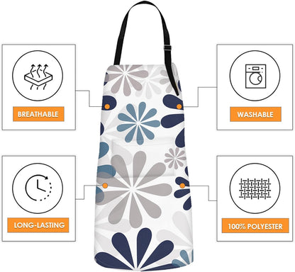 2 Pack Aprons, Home Sweet Blue Grey Adjustable Bib Aprons with 2 Pockets for Women Men Couple Lovers Chef Kitchen Cooking Baking Gardening Geometric Flowers Daisy Apron 32x28 Inches