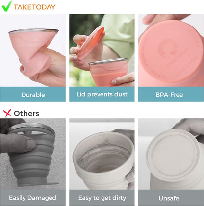 TakeToday Collapsible Travel Cup - Silicone Foldable Water Cup, BPA-Free with Lid & Waterproof Bag - Drinking Cup Set for Camping, Outdoors & International Travel（8 Oz, Lowcountry Peach）