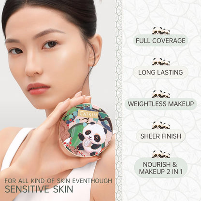 CATKIN Panda Land Full Coverage Cushion Fondation, Breathable Hydrating Nourishing Poreless Face Makeup Save for Sensitive Skin,Sheer Finish (C03 Medium Beige)