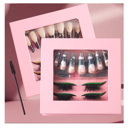 HBZGTLAD 3 in1 color eyeline Press On Nail with Eyelash Packing Boxes Set Package Pink White DIY Lashes and Nail Suit Box 1set… (SET-52)