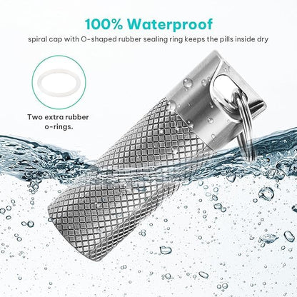 Mini Titanium Pill Box Keychain & Necklace - 100% Waterproof and Airtight, Travel Pill Holder for Essentials, Ultra Lightweight & Compact Medicine Container with O-Ring Seal (2PC)