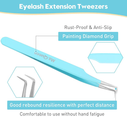 Ms.Queen Eyelash Tweezers for Extensions, 2Pcs Fiber Tip Grip 45 and 90 Degree Mega Volume Tweezers Set for Lash Extensions-Blue
