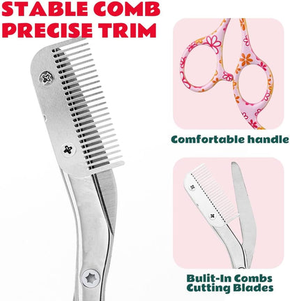 Eyebrow Trimmer with Comb Facial Grooming Scissors Kit Professional Precision Eye brow Trimmer Stainless Steel Eyebrow Trimmers Scissors with Combs Perfect for Gifts for Men and Women (Pink)