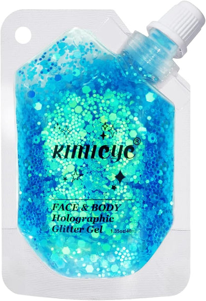 Holographic Face Glitter Gel Body Shimmer Makeup for for Hair, Face, Clavicle, Arm, Nail, Eyeshadow, Long Lasting Waterproof Mermaid Sequins Party Glitter for Rave Festival, 1.35oz (Luminous Blue)