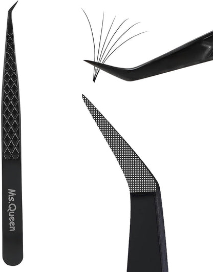 Ms.Queen Lash Extension Tweezers, Fiber Tip Lashing Tweezers for Volume & Individual Eyelash Extensions,Black