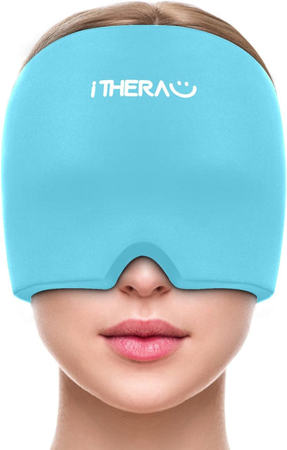 iTHERAU Migraine Relief Cap, Soothing Headache Hat, Gel Ice Pack Head Wrap with Hot and Cold Therapy, Headache Relief Cap for Sinus, Puffy Eyes, Tension and Stress Relief Blue