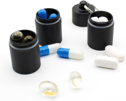 PPFISH Portable Daily Pill Case, 3 Compartments Anti-Skid Aluminum Alloy Waterproof Pill Box Dispenser, Small Pocket Pill Container, Keychain Pill Fob, Travel Pill Holder for Men Women
