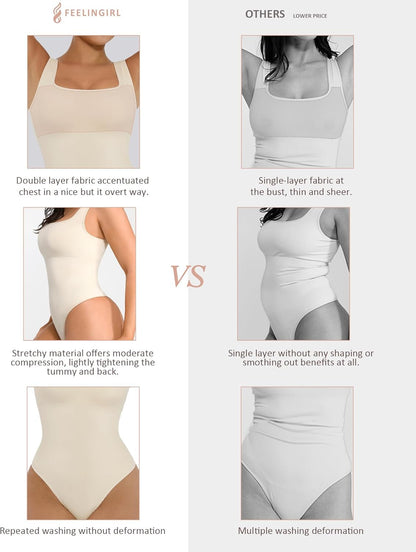 FeelinGirl Bodysuits for Women Seamless Square Neck Tummy Control Compression Thong Shapewear Bodysuit Tank Tops Bodysuit