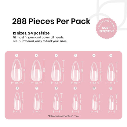 Beetles Gel Nail Tips Medium Almond Etch X Nail Tips, 12 Sizes 288 PCS Half Matte Full Cover False Nails Clear Acrylic Nails Glue on Nails DIY Gift for Women
