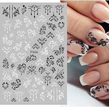 10 Sheets Black White Leaves Flower Nail Art Stickers 3D Self-Adhesive Retro Floral Vine Pattern Nail Decals Tropical Plants Mandala Leaf Geometry Transfer Decals Nail Art Decorations for Women Girls