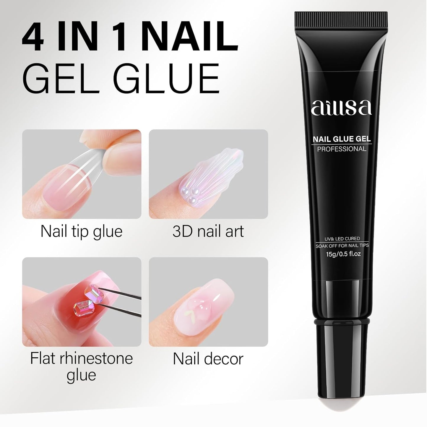AILLSA Gel Nail Glue for Nails Tips, Solid Super Strong Gel Glues 15g Professional Fake Acrylic Soft Nails Glue U V Lamp Curing Needed - Long Lasting 30 Days+