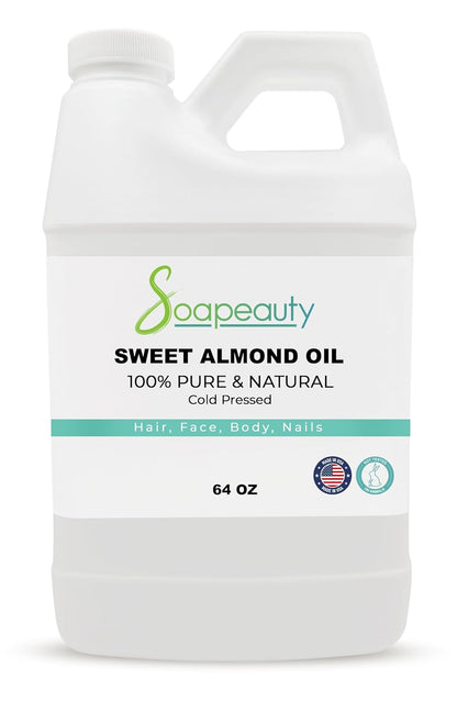Soapeauty Sweet Almond Oil Cold Pressed Refined | 100% Pure Sweet Almond Oil Available in Bulk | Carrier for Essential Oils, Almond Oil for Skin, Face, and Hair, Soap Making | 64 fl oz
