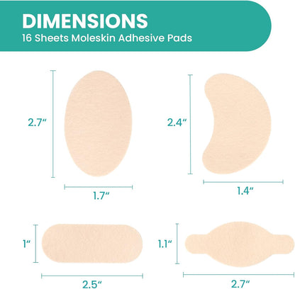 Welnove Moleskin Adhesive Pads for Feet,Blister Bandages for Feet, Mole Skin Patch for Feet Heels, Skin Tape Stickers for Feet - 16 Sheets of 4 Shapes