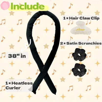 Serenade Textured Satin Heatless Curls Overnight, Heatless Hair Curler Curling Set for Women and Girls to Sleep in, with 2 Satin Scrunchies and 1 Clip for Overnight Curls, Black