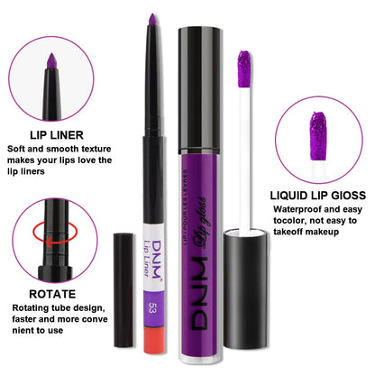 evpct 2Pcs Lavender Purple Matte Liquid Lipstick Lip Gloss Stain and Retractable Lip Liner Makeup Set for Women Long Lasting Waterproof 24 Hours Lipstick labial mate larga duracion 24 53#
