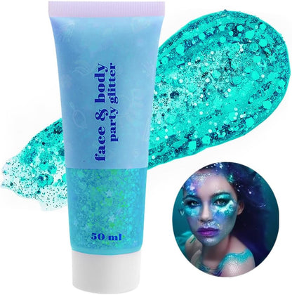 Go Ho Teal Body Glitter Gel,Mermaid Teal Face Glitter Makeup,Holographic Long Lasting Chunky Sequins Glitters for Lip Hair Nails,Festival Accessories,52g