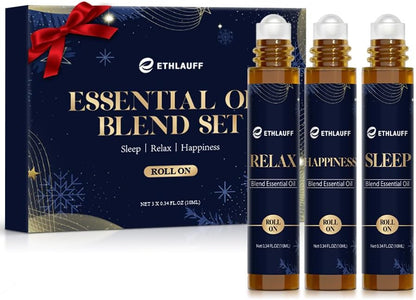 Essential Oil Roller Set, (Sleep, Relax, Happiness) Aromatherapy Roll On for Body Skin Care, Home - Natural Aromatherapy Gift, Relaxtion Gift, Stress Relief Gift for Women and Men