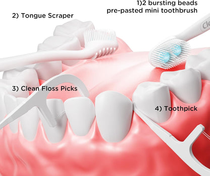 cleaings® Disposable Toothbrushes with Toothpaste - 4-in-1 Mini Travel Toothbrushes, Built-in Tongue Scraper, Floss & Picks for On-The-Go, Camping, Work (Mint)
