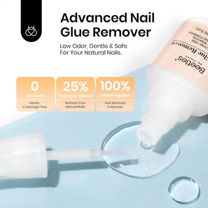 Beetles Nail Glue with Glue Remover Kit, 2 * 10ML Super Strong Easy to Remove Off Fake Nails Adhesive Remover with Cuticle Pusher