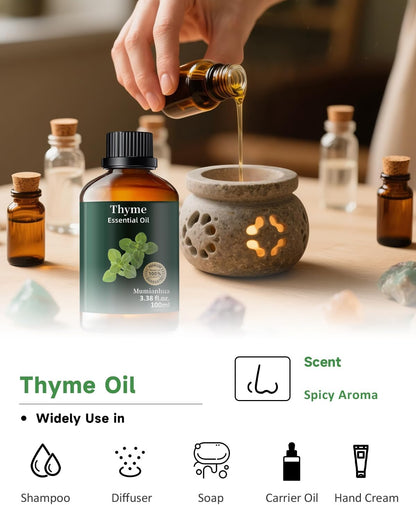 Thyme Essential Oil Pure, Mumianhua Natural Thyme Oil, Therapeutic Grade Aromatherapy Oil for Diffuser, Hair Care, Skin, Massage, Soap,Candle Making, Scent DIY 3.38 Fl Oz