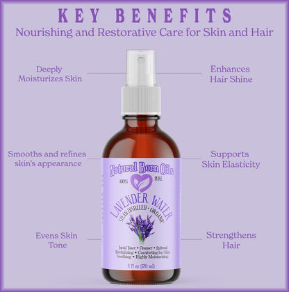 Natural Born Oils 4oz Lavender Water Hydrosol, 100% Pure and Natural, Organic, Steam-distilled, Facial Toner Cleanser, with Sprayer