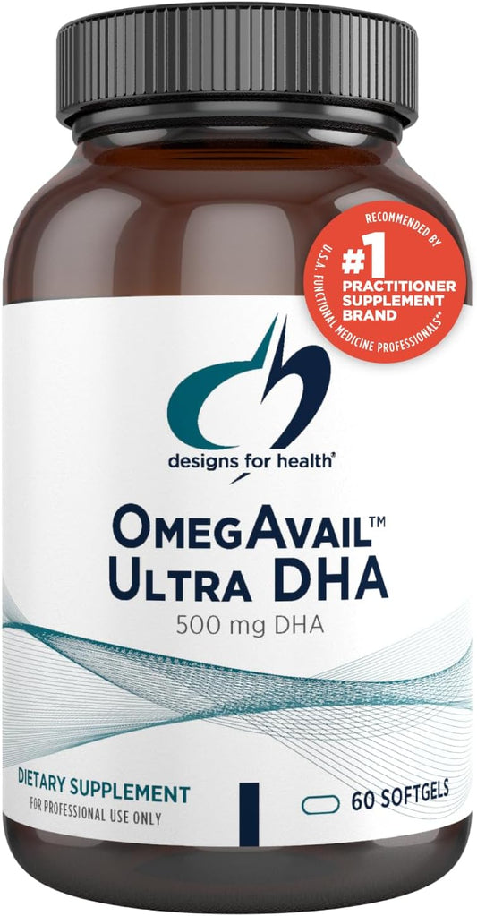Designs for Health OmegAvail Ultra DHA - Highly Concentrated DHA Triglyceride Fish Oil, TG Fish Oil with 500mg DHA + 100mg EPA - No Fishy Aftertaste (60 Softgels)