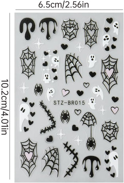 4sheets Halloween Nail Stickers 3D Self-Adhesive Ghost Nail Art Stickers - Black Spider Bat Decals with Heart Spider Web Blood Droplets Design for Women DIY Holiday Nail Decoration
